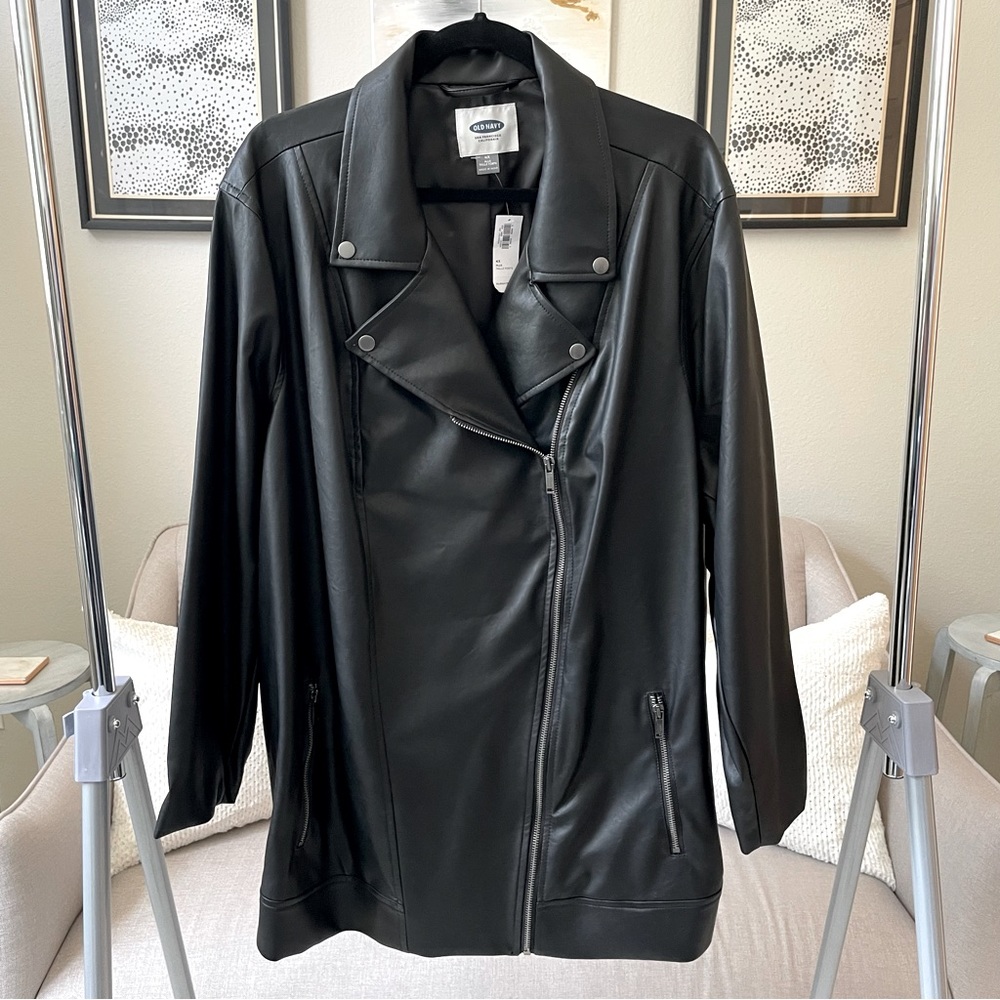 Old Navy Faux Leather Black Moto Jacket Size 4X Tall (Long Length)